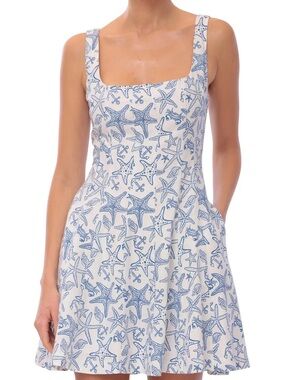 Avec Les Filles White & Blue Starfish Print Mini Dress (Size: 6)